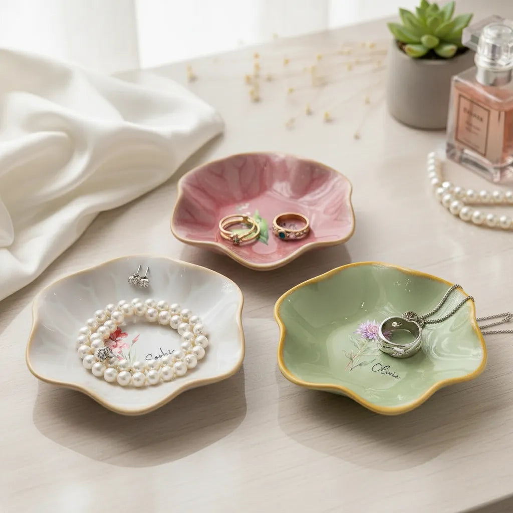 Birth Month Flower Gift For Her - Personalized Jewelry Dish